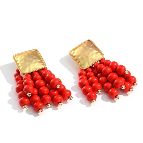 Fancy Red Beaded Earrings - Picture 2 of 9